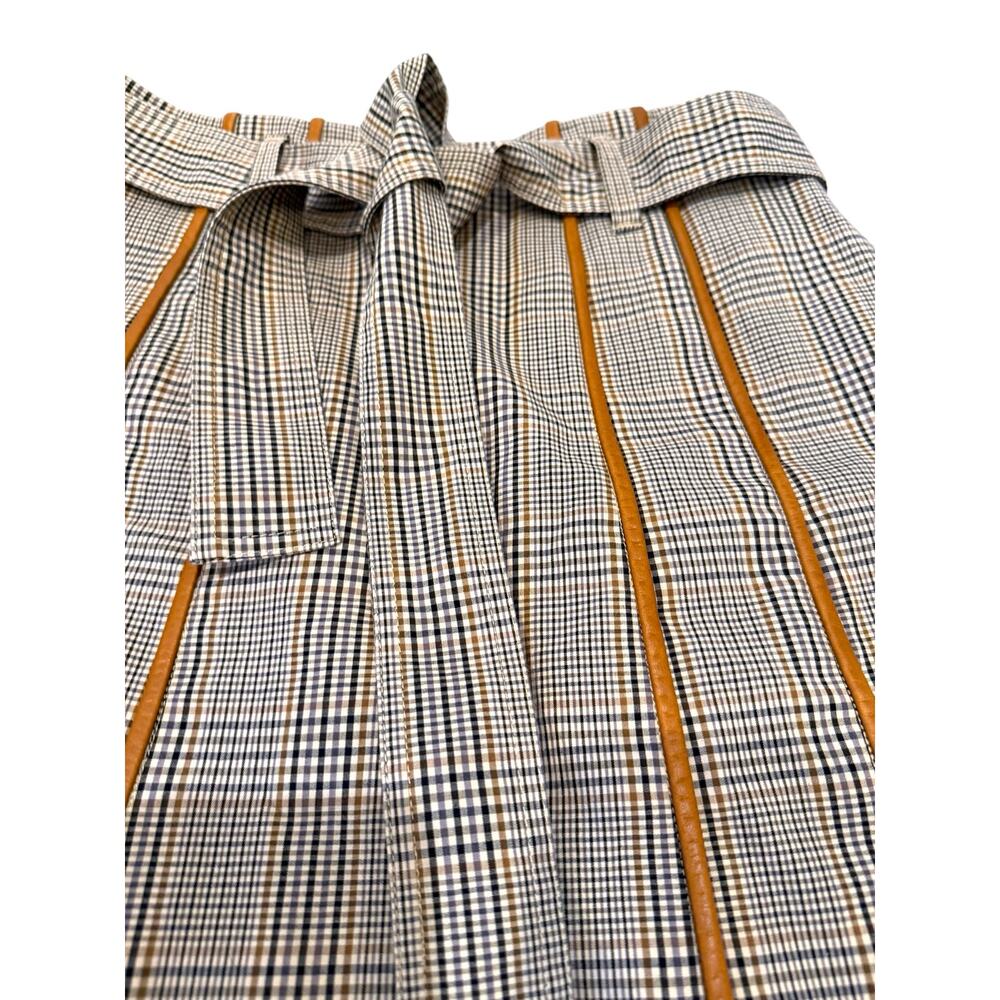 TORY BURCH Plaid Pleated A-Line Midi Skirt Leather Trim Belt Size 0 NWOT - Picture 3 of 9